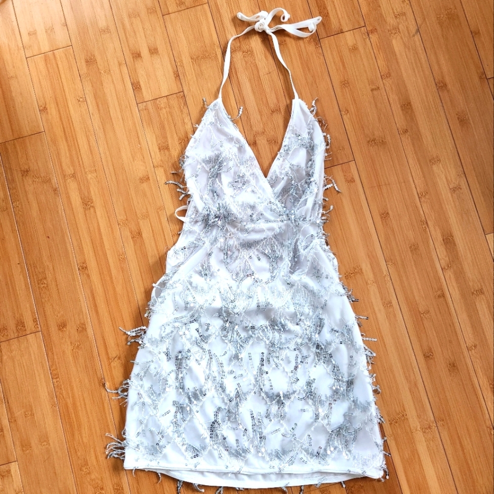 White Halter Dress with Silver Sequins